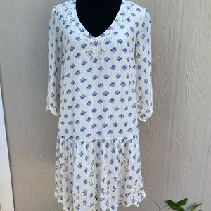 Anthropologie White Midi Dress with Blue Floral Print